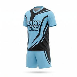 Ensemble de maillot de football pour homme Hawk Eye, bleu clair et noir, col en V, manches courtes, polyester respirant, uniforme adulte toutes saisons - Product Image 6