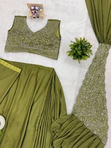 Sari Reversible de Diseño para Mujer, Verde Oliva, con Blusa Bordada, Estilo Indo-Occidental, Listo para Usar, para Fiestas, Bodas, Estilo Étnico - Product Image 5