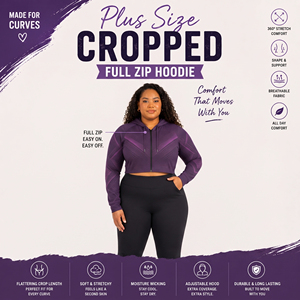 Sudadera con capucha corta de talla grande para mujer, con cremallera completa, estampada, para invierno, ajuste ceñido, de felpa francesa - Product Image 2