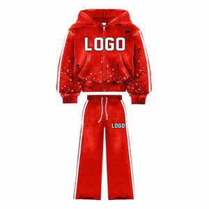 Ensemble de survêtement unisexe écologique 100% coton bleu, sweat-shirt à capuche avec fermeture éclair, pantalon évasé, style streetwear, respirant, couleur unie - Product Image 4