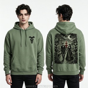 Sweat à capuche personnalisé vert foncé pour homme, en molleton épais, avec motif 'Vampire Feast', coupe oversize, style streetwear vintage, fournisseur - Product Image 5
