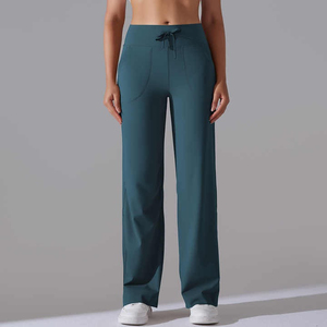 Customized Solid Color Women's <b>Leggings</b> Spandex/Nylon Mid Waist Drawstring Quick Dry Breathable <b>Flared</b> Leg Wholesale Bulk - Product Image 4