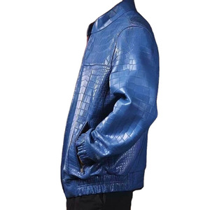 Chaqueta Bomber de Cuero con Grabado de Cocodrilo Azul para Hombre, Cuello Alto, Cierre de Cremallera, Estilo Motociclista, Corte Regular, para Otoño - Product Image 4