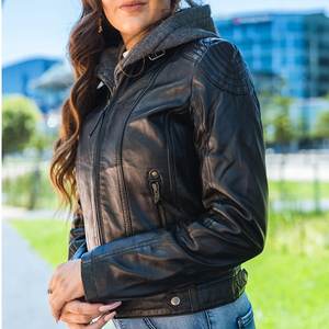 Chaquetas de Mujer con Capucha Negras con Logotipo Personalizado, Chaqueta Vintage para Invierno, Chaqueta Bomber de Cuero Genuino, Ropa Urbana - Product Image 4