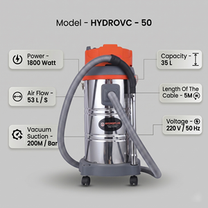 HYDROPLUS INTERNATIONAL HYDROVC50 50L Aspiradora de Acero Inoxidable para Limpieza en Seco y Húmedo, 1800W, Alta Succión 200MBAR, Electrónica, para el Hogar - Product Image 2