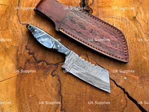 Cuchillo de Caza de Acero de Damasco de Alta Calidad con Hoja Fija de Punta Caída y Borde Afilado, Funda de Cuero, Mango de Resina Personalizable OEM ODM - Product Image 5