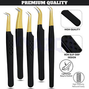 Juego de 5 Pinzas de Acero Inoxidable con Punta de Fibra Recubierta de Negro para Extensión de Pestañas, Antiestáticas y de Precisión - Product Image 2