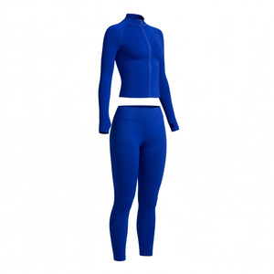 Women's Custom Color 2-Piece Yoga Set Crop Top Zipper Stand Neck Mid Full Length <b>Leggings</b> <b>Seamless</b> Sweat Wicking Stretch Thumb - Product Image 3