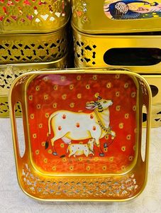 En gros, ensemble de plateaux et pots en corne Pichwai, faits main, au toucher réel, motif animalier indien, pour cadeau de remerciement - Product Image 4