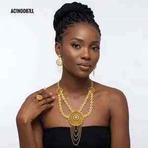 Juego de Joyería de Boda Nigeriana Premium, Chapado en Oro de 24K, Collar Largo con Aretes y Anillo a Juego - Product Image 3