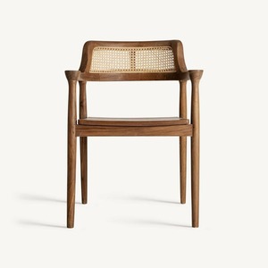 Fauteuil contemporain en bois avec dossier en rotin et revêtement en similicuir pour salle à manger - Product Image 2