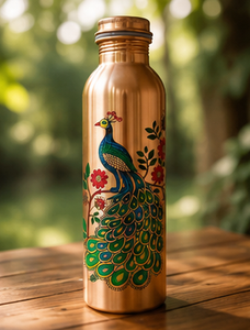 <b>Copper</b> Water Bottle With Peacock Design <b>Screw</b>-On Lid Reusable Metal Bottle For Outdoor Hiking Camping Travel - Product Image 1