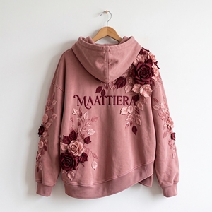 Sudadera con Capucha MAATTIERRA Rosa Polvoriento con Apliques de Rosas 3D y Bordado, Estilo Urbano para Mujer, Venta al Por Mayor - Product Image 4