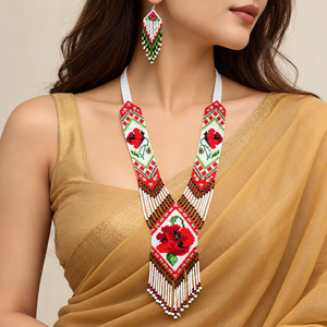 Ensemble collier et boucles d'oreilles ethniques bohèmes à fleurs rouges perlées, bijoux faits main à franges pour femme, idéal pour les soirées - Product Image 1