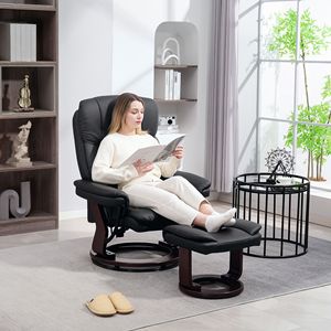 PU Leather Swivel Recliner Chair Ottoman Manual Electric Feature Sponge-Filled Chair <b>Footrest</b> for Living Room Bedroom-Black - Product Image 2