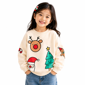 Sweat-shirt à manches longues et col rond pour filles, imprimé de Noël, avec rennes, Père Noël et sapin, pull décontracté pour enfants - Product Image 1