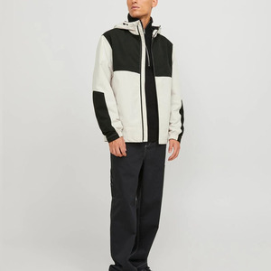<b>Men's</b> Hooded Color Blocking Windproof <b>Jacket</b> Regular Fit Black <b>Cream</b> PU Coated Casual Style Zipper Closure - Product Image 3