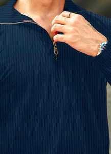 Men's <b>Navy</b> Blue <b>Long</b> <b>Sleeve</b> Waffle Knit Quarter Zip <b>T</b> <b>Shirt</b> Casual Stand Collar Solid Top - Product Image 1