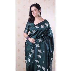 Sari de seda suave Elite Weaves Dual Zari con borde de pájaro, color verde botella, 650g, para ocasiones especiales - Product Image 5