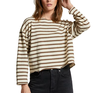 Women's Striped Long Sleeve <b>Crop</b> <b>Top</b> O-Neck Loose Fit Oversized Knitted Cotton T-Shirt Drop Shoulder Style All Seasons Wear - Product Image 1