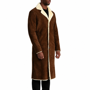 Aussie Edge <b>Men's</b> Brown Genuine <b>Leather</b> <b>Long</b> <b>Coat</b> Turn-down Collar Faux Fur Lining Windproof Winter Casual Streetwear Zipper - Product Image 4