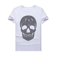 Kaos T-Shirt Streetwear Ukuran Besar Custom Bordir Tengkorak Berhias Kristal, Kerah O, Lengan Pendek, MOQ Rendah, Grosir