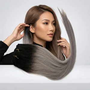 Extensions de cheveux naturels indiens blond cendré, double épaisseur, lisses, à clipser, ensemble complet pour la tête, cheveux Remy, densité 100%, base en soie - Product Image 1