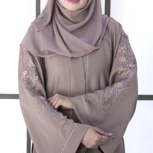 Women's Beige Long Sleeve Floor Length Breathable Loose Fit Abaya High Neck Modest <b>Dress</b> Solid Color Polyester Middle East Style - Product Image 6