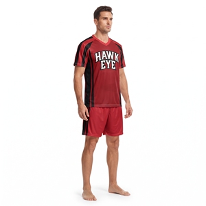 Ensemble de maillot de football pour homme Hawk Eye, manches courtes, col en V, tissu respirant, uniforme sportif rouge et noir, impression sublimée - Product Image 1