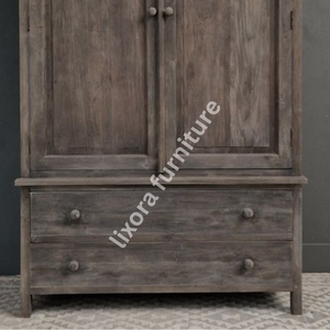 Luxury Handcrafted Solid Wood 2 Door <b>Wardrobe</b> with 2 Base Drawers Rustic Gray Weathered Oak Armoire - Product Image 3