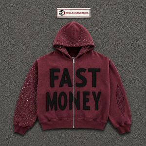 เสื้อฮู้ดซิปผู้ชายสีแดงเลือดหมู พิมพ์ลายกราฟิก FAST MONEY ทรงโอเวอร์ไซส์ ผ้าฟลีซ แขนเสื้อประดับเพชร สไตล์สตรีทแวร์ พิมพ์ลายกลิตเตอร์ ประดับเพชร - Product Image 5