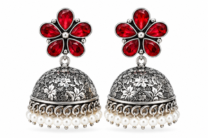 Boucles d'oreilles Jhumka en argent oxydé avec pierre rouge en forme de fleur |   Fabricant de bijoux fantaisie artificiels en gros, OEM ODM - Product Image 6
