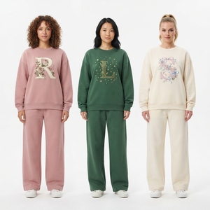 <b>Women</b> Sequin Embroidered Letter Crew Neck <b>Sweatshirt</b> Wide Leg Sweatpants 2 Piece Casual Tracksuit Set - Product Image 3