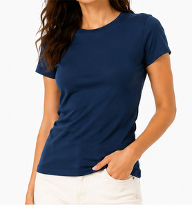 T-shirt court à col rond bleu marine pour femme, coupe ajustée, manches courtes, 100% coton, vêtement décontracté, tissu jersey respirant - Product Image 6