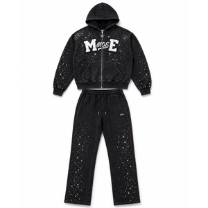 Ensemble de sweats à capuche zippés pour hommes, coupe ample, style Y2K, vintage, délavé, avec broderie chenille et strass, vente en gros personnalisée - Product Image 2