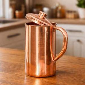 Metal Drinkware <b>Copper</b> Pitcher W/Lid, Pure Hammered Vessel, Heavy Duty <b>Copper</b> <b>Jug</b>, Handmade - Product Image 1