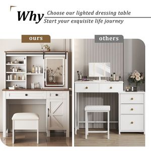 Farmhouse Makeup Vanity Desk with Multilayer Storage Shelves Sliding Mirror Lights Hairdryer Holder Charging Socket - Product Image 3