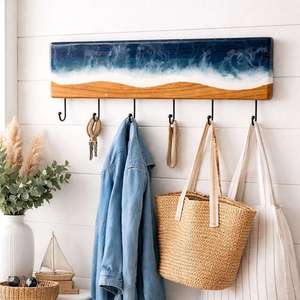 Modern Eco-Friendly Vintage Wooden Wall Hook Rack 4 Hooks Pink Epoxy Resin <b>Key</b> Holder Coat <b>Hanger</b> for Entryway - Product Image 4