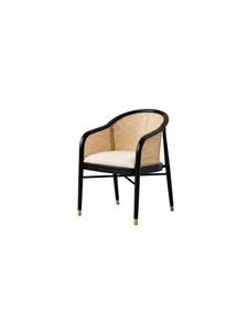 Fauteuil en rotin moderne avec revêtement en lin et pieds en teck massif pour salle à manger ou terrasse extérieure - Product Image 2
