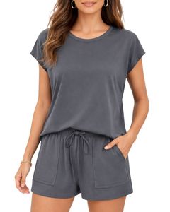 Charcoal Grey <b>Women</b> Lounge Set Short Sleeve TShirt Shorts Casual Summer Pajama Set Soft Breathable Cotton Blend Two Piece Outfit - Product Image 1