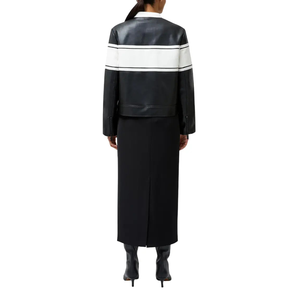 Women's Black and <b>White</b> Color-Block Leather Moto <b>Jacket</b> - Product Image 3