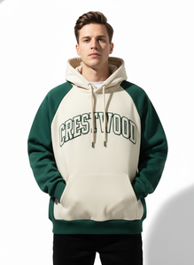 Crestwood Raglan Sleeve Hoodie <b>Men's</b> Oversized Cotton French Terry Casual <b>Pullover</b> with Front Pocket Green and Cream Color - Product Image 5