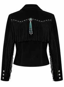 Chaqueta de mujer con flecos y cuello vuelto con cuentas, manga larga, estilo otoñal - Product Image 2