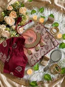 Sari de tela de red suave y pura con bordado de hilo y diseño de borde Butta, blusa lista para usar, ideal para bodas y fiestas, sari de tela de red para mujer. - Product Image 4