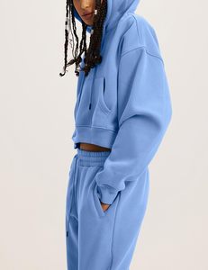 Nuevo Conjunto Deportivo de Dos Piezas para Mujer, Talla Grande, Color Sólido, Sudadera con Capucha Corta y Pantalones Jogger a la Moda - Product Image 6