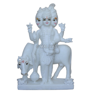 White Marble Lord Dattatreya Statue with Kamadhenu Cow | Handmade Marble Dattatreya Murti for Temple by MALIYAS Jaipur - Product Image 2