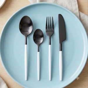 <b>Black</b> Colour Coated Flatware <b>Set</b> White Handles Modern Design Dishwasher Safe Spoon Fork Knife Dinnerware <b>Cutlery</b> <b>Set</b> of 4 - Product Image 3