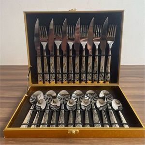 Ensemble de couverts de luxe en acier inoxydable, dorés et gravés, avec boîte cadeau en bois, pour mariage, hôtel, vaisselle de table. - Product Image 1