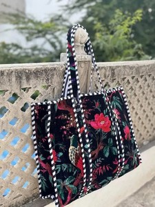 Handmade Quilted Floral Tote <b>Bag</b>: Velvet Reusable Market <b>Bags</b> | <b>Boho</b> Indian Block Print Shoulder <b>Bag</b> - Product Image 2