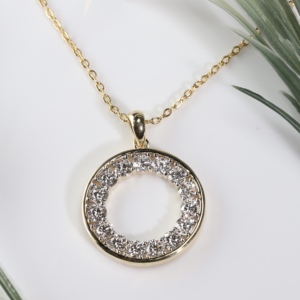 Luxury Yellow Gold Round Cut Lab Grown Diamond Eternity Halo Link Pendant Necklace for Women Engagement & Anniversary <b>Gift</b> - Product Image 1